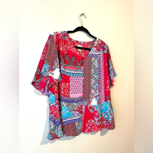 Chicos Patchwork Print Peplum Flutter Sleeve Top Blouse Size 2 Pink Red Floral - Picture 3 of 7